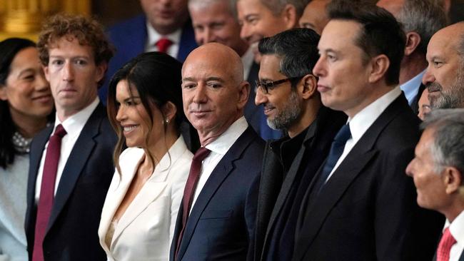 Meta CEO Mark Zuckerberg, Lauren Sanchez, US businessman Jeff Bezos, Alphabet Inc and Google CEO Sundar Pichai and Teska and SpaceX CEO Elon Musk attend the inauguration ceremony. Picture: AFP