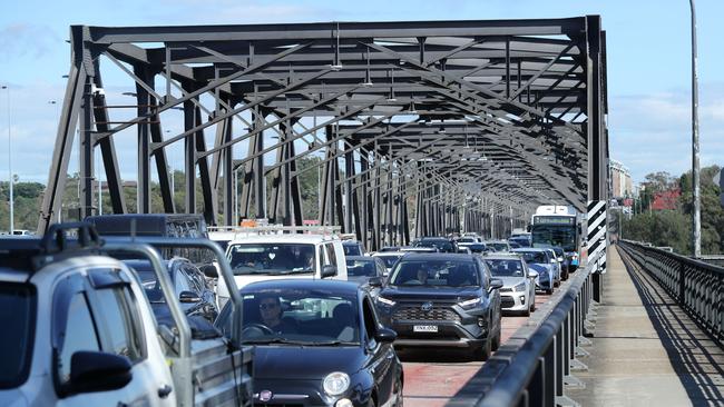 A photo of traffic congestion on Victoria Rd following the opening of the Rozelle Interchange.