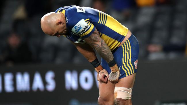 Dejected Blake Ferguson during NRL match between the Parramatta Eels and South Sydney Rabbitohs at Bankwest Stadium. Picture. Phil Hillyard