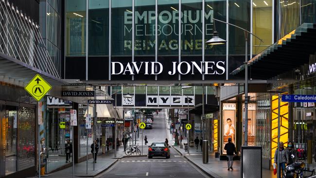 A quiet little bourke street near Myer, David Jones and the Emporium during Covid restrictions in July 2020.
