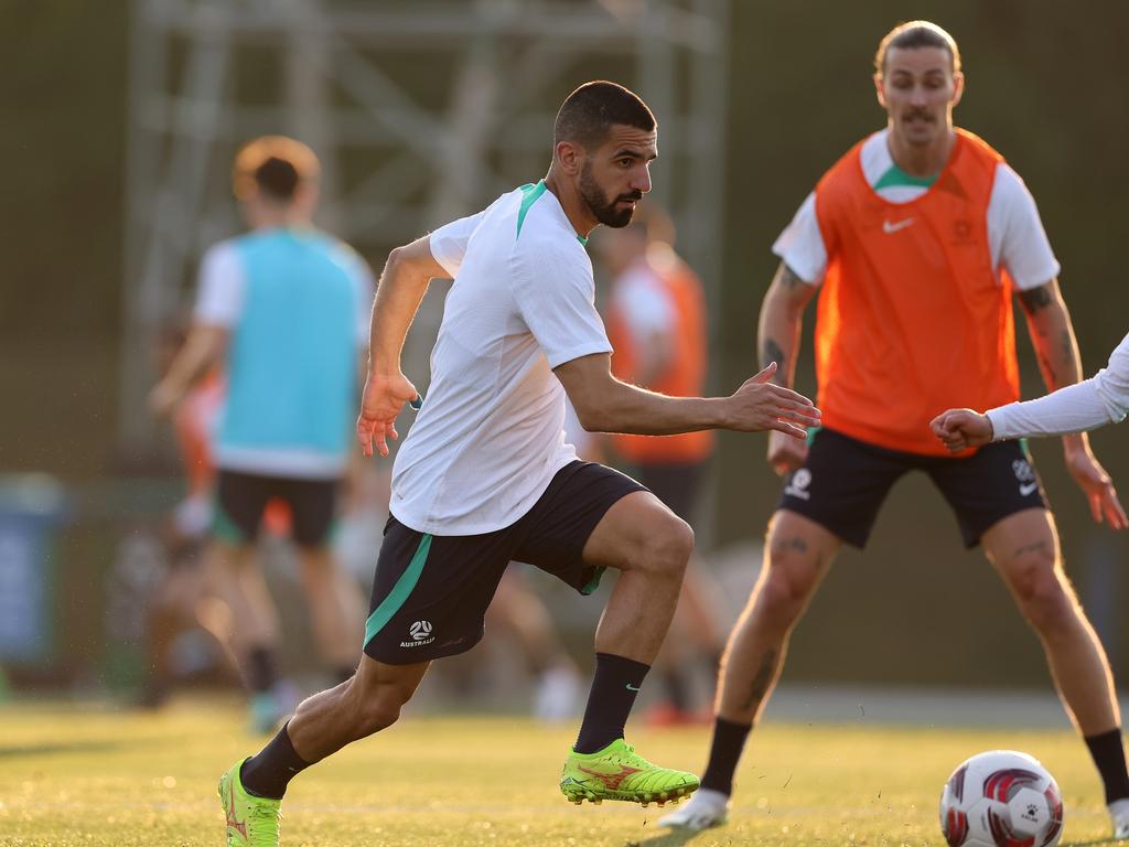 Aziz Behich works hard at training ahead of the Socceroos’ Asian Cup opener against India. Picture: Robert Cianflone/Getty Images