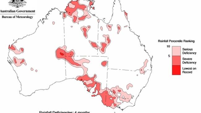 Drought spreads: The latest Bureau of Meteorology drought map, this one a four month rain deficiency, shows all of western Victoria is now in the grip of a long dry spell.