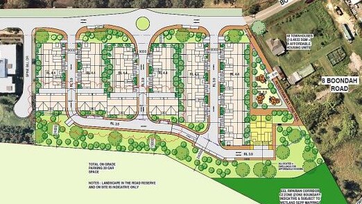 A map, released in November 2022, showing the proposed residential subdivision on Boondah Rd, Warriewood, which would have include more than 40 three-storey townhouses. A bid to rezone the land to allow the development as rejected by Northern Beaches Council. Picture: Buchan Group