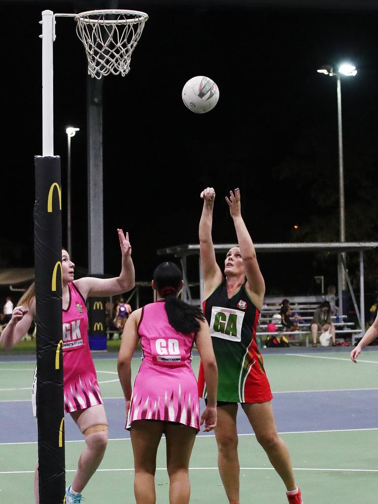 Cutters' Shana Boseria shoots the ball in the Cairns Netball Association Senior Division 1 match between the South Cairns Cutters and Brothers Leprechauns. PICTURE: BRENDAN RADKE