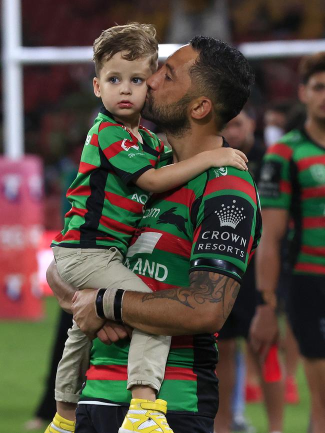 Benji Marshall with his son after losing the 2021 NRL Grand Final while playing for Souths. Pics Adam Head