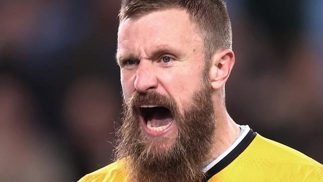 SYDNEY, AUSTRALIA - MAY 12:  Sydney FC goalkeeper Andrew Redmayne celebrates a goal during the first leg of the A-League Men's Semi Final between Sydney FC and Melbourne City at Allianz Stadium, on May 12, 2023, in Sydney, Australia. (Photo by Matt King/Getty Images)