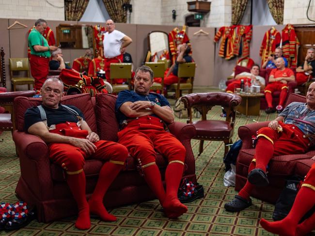 Beefeaters who have been standing vigil over the Queen take a break in Parliament. Picture: UK Ministry of Defence