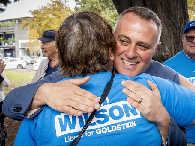 Liberals candidate Tim Wilson celebrates after defeating Independent Zoe Daniel in the seat of Goldstein. Picture: Jake Nowakowski