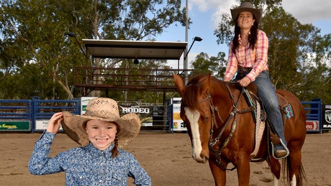 Brooklen Small, 6, and Brittany Watkinson with Bekky can't wait for the 2021 Elite Rodeo at Alice River. Picture: Evan Morgan