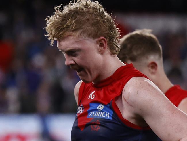 MELBOURNE, AUSTRALIA - AUGUST 02:  A dejected Clayton Oliver of the Demons is seen the round 21 AFL match between Footscray Football Club and Melbourne Demons at Marvel Stadium, on August 02, 2024, in Melbourne, Australia. (Photo by Darrian Traynor/Getty Images)