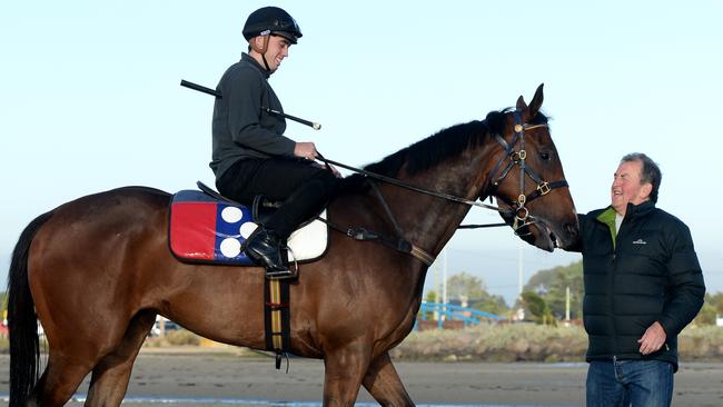 Pagan with Johnny Get Angry and jockey Lachlan King at Altona Beach. Picture: Andrew Henshaw