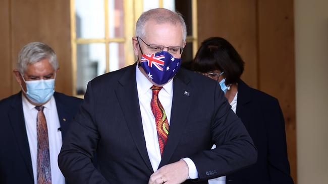 Prime Minister Scott Morrison with Fiona Cornforth, Ken Wyatt, and Pat Turner at Parliament House. Picture: NCA NewsWire / Gary Ramage