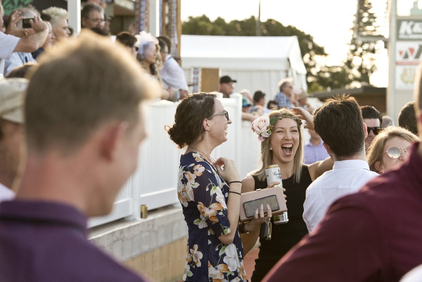 Sarita Gesler (left) and Naomi Krautz react after the running of the Toowoomba Cup on Weetwood race day at Clifford Park, Saturday, April 6, 2019. Picture: Kevin Farmer