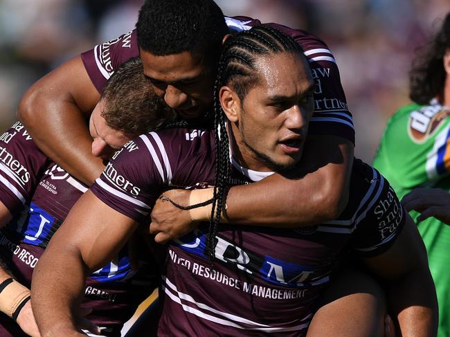 Martin Taupau of the Sea Eagles celebrates with teammates after scoring a try during the Round 7 NRL match between the Manly Sea Eagles and the Canberra Raiders at Lottoland in Sydney, Sunday, April 28, 2019. (AAP Image/Joel Carrett) NO ARCHIVING, EDITORIAL USE ONLY