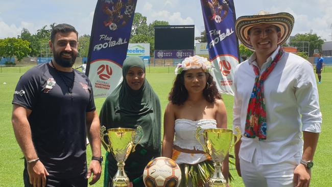 The seventh Refugee Cup will be played at Marrara's Larrakia Park on Australia Day. Ahmad Mazloum (Lebanon), Zainab Mohamed (Somalia), Jyra Detenamo (Kiribati) and Benjamin Pareda-Alfonso (Colombia) get ready for the action. Picture: Grey Morris