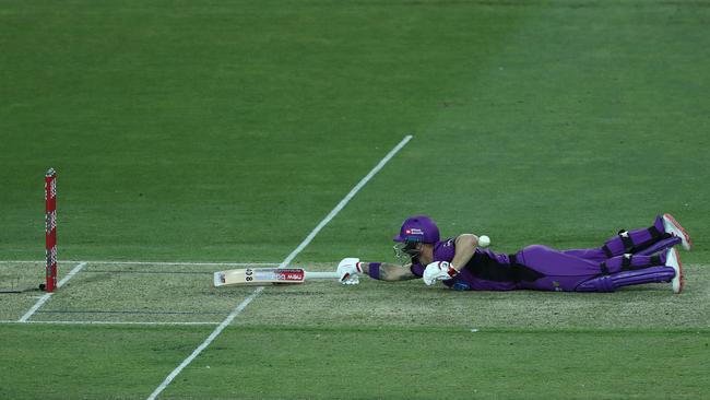 Matthew Wade of the Hobart Hurricanes dives for his crease during the Big Bash League match between the Hobart Hurricanes and the Adelaide Strikers at UTAS Stadium in Launceston. Picture: GETTY