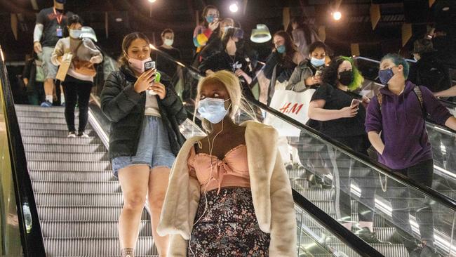 People wearing masks in Melbourne Central shopping centre in February. Picture: NCA NewsWire/David Geraghty