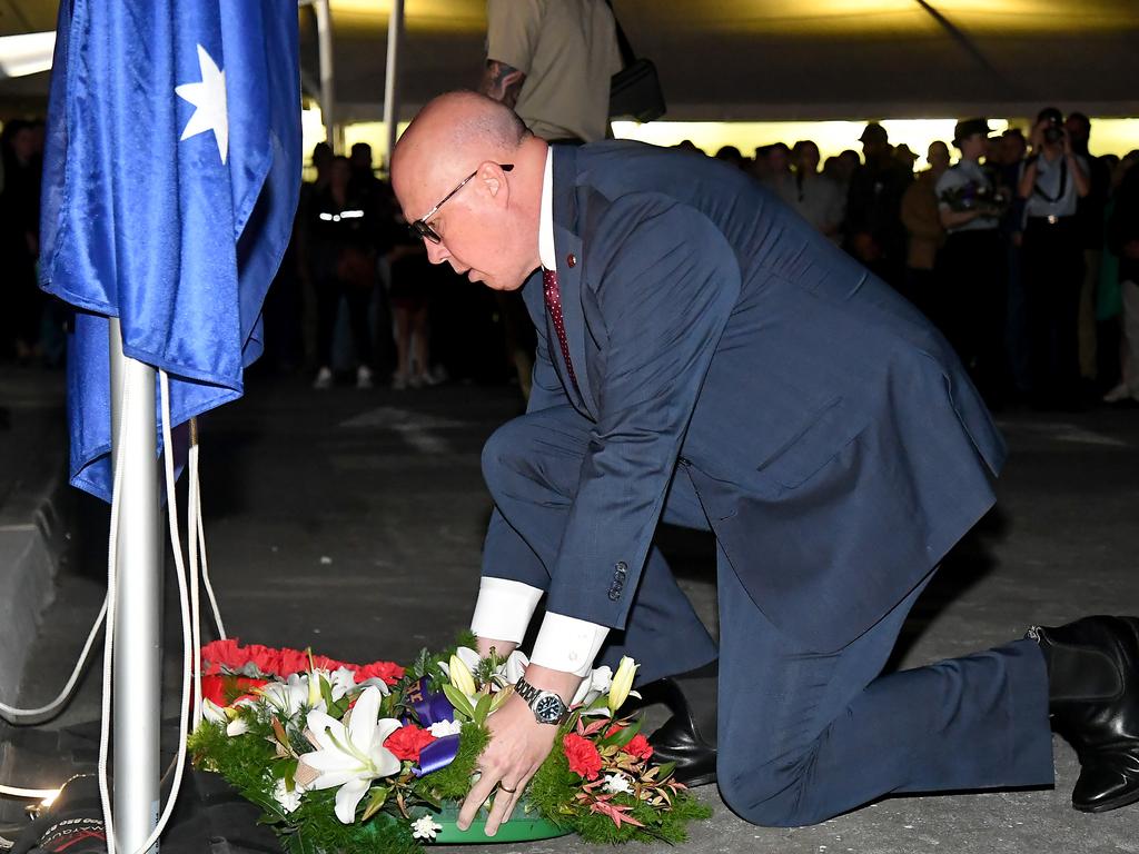 Peter Dutton at the service Bray Park-Strathpine RSL sub branch ANZAC day dawn service. Thursday April 25, 2024. Picture, John Gass