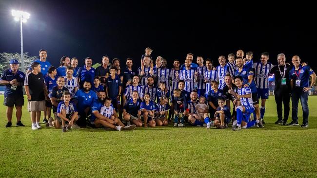 Hellenic Athletic senior men's team celebrating after making it through to the Australia Cup Round of 32. Picture: Daniel Abrantes Photography