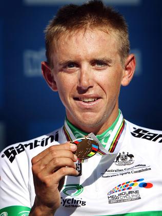 Cyclist Allan Davis with his bronze medal at the road race world championships in Geelong. Picture: Michael Klein