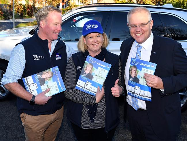 Prime Minister Scott Morrison with Premier Will Hodgman and Bridget Archer at Norwood Primary School ahead of the election. Picture: MICK TSIKAS/GETTY IMAGES