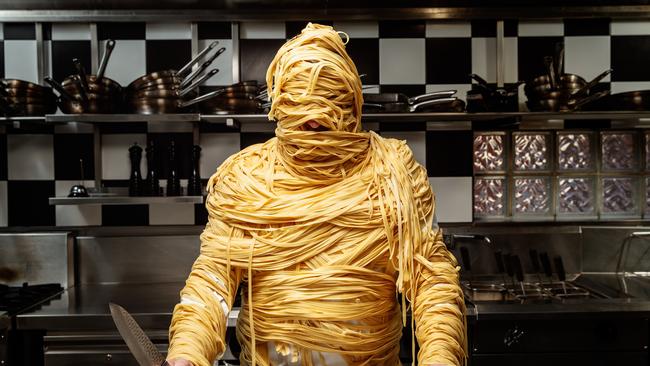 That time we wrapped chef Andy Davies in his own pasta to celebrate Osteria Oggi winning Best Italian Restaurant in the 2017 The Advertiser Food Awards. Picture: Matt Turner