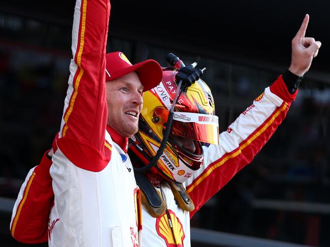 Scott McLaughlin and Alex Premat celebrate winning the Bathurst 1000. Picture: Getty