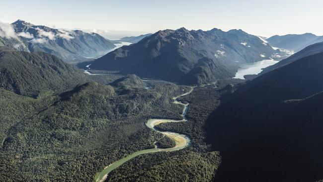 Hollyford River, Lake McKerrow (left) and Lake Alabaster (right).