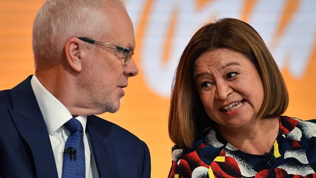 **FILE** A February 9, 2018 file photo of former ABC Chairman Justin Milne (left) and former Managing Director Michelle Guthrie during the ABC Annual Public Meeting in Ultimo, Sydney. Justin Milne has resigned as chairman of ABC after the controversial sacking of Michelle Guthrie. (AAP Image/Joel Carrett) NO ARCHIVING