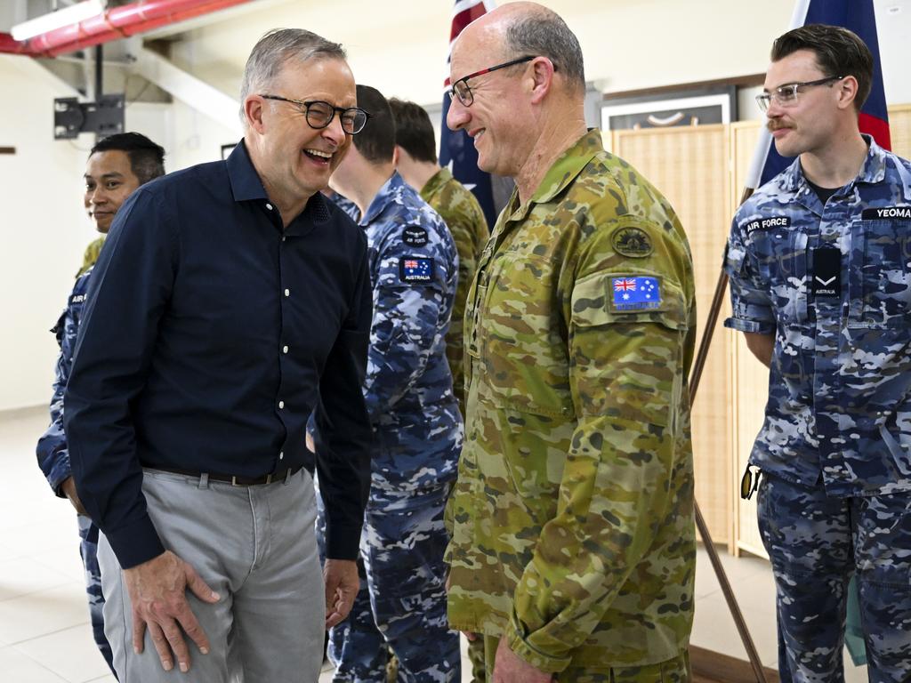 Australian Prime Minister Anthony Albanese speaks to members of the Australian Defence Force during a visit to Camp Baird at Australia’s main operating base in the Middle East Picture: AAP