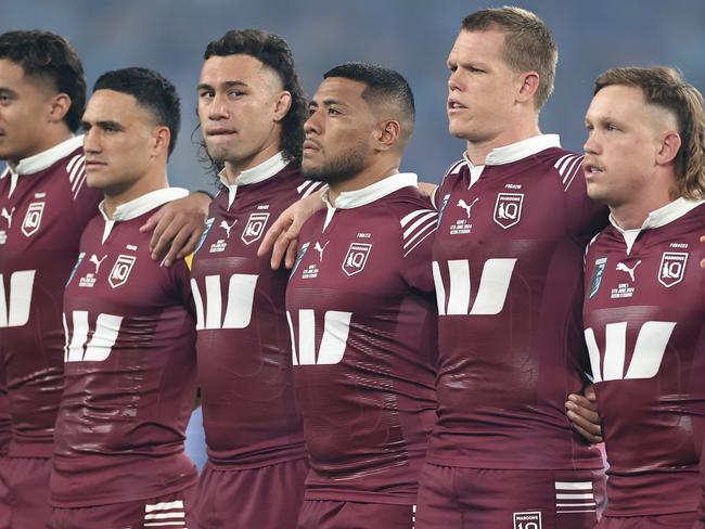 SYDNEY, AUSTRALIA - JUNE 05:  Moeaki Fotuaika of the Maroons looks on during the national anthem during game one of the 2024 Men's State of Origin Series between New South Wales Blues and Queensland Maroons at Accor Stadium on June 05, 2024 in Sydney, Australia. (Photo by Cameron Spencer/Getty Images)