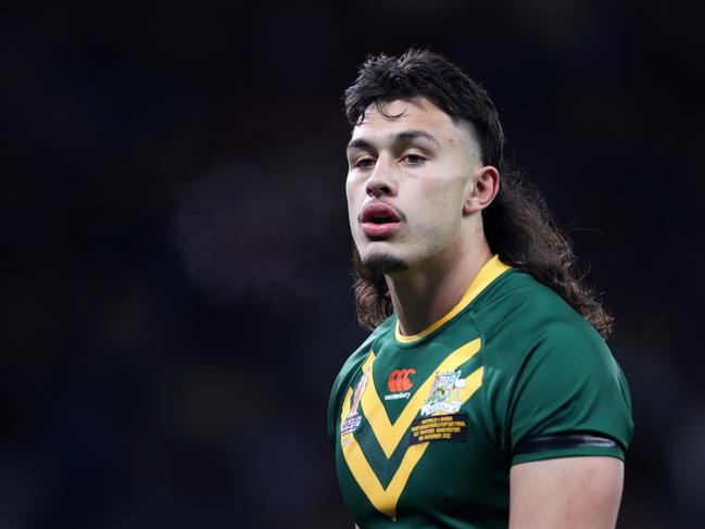 MANCHESTER, ENGLAND – NOVEMBER 19: Tino Fa'asuamaleaui of Australia looks on during the Rugby League World Cup Final match between Australia and Samoa at Old Trafford on November 19, 2022 in Manchester, England. (Photo by Naomi Baker/Getty Images)