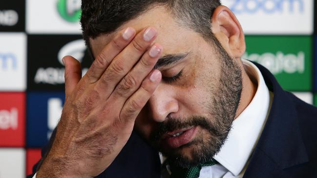 Greg Inglis announces his retirement during a press conference at Redfern Oval, Sydney. Picture: Brett Costello