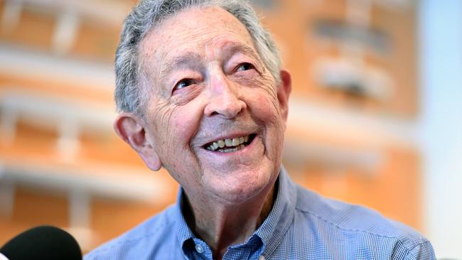 Sir James Hardy speaks to the media at the Cruising Yacht Club of Australia in 2019. Picture: AAP / Joel Carrett