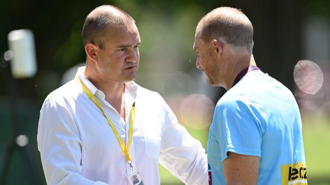 Brad Green chats with coach Simon Goodwin at pre-season training. Picture: Quinn Rooney/Getty Images