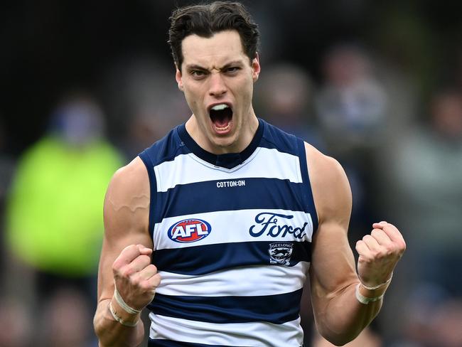 HOBART, AUSTRALIA - JULY 27: Shannon Neale of the Cats celebrates a goal  during the round 20 AFL match between North Melbourne Kangaroos and Geelong Cats at Blundstone Arena, on July 27, 2024, in Hobart, Australia. (Photo by Steve Bell/Getty Images)