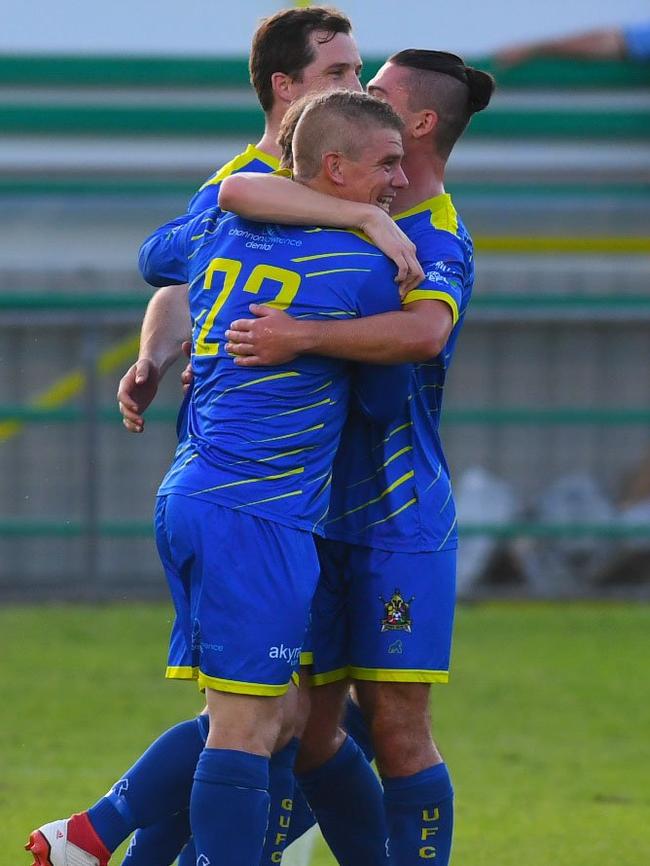 Gympie United FC vs Palm Beach - Gympie celebrate a goal. Picture: Shane Zahner