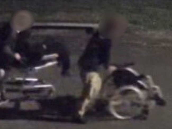 Teenagers seen with a wheelchair stolen from a skip bin at a care home in a northern Gold Coast street at 2am.