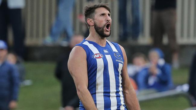 North Melbourne forward Jarrad Waite celebrates goal during the 2017 season. Picture: Luke Bowden