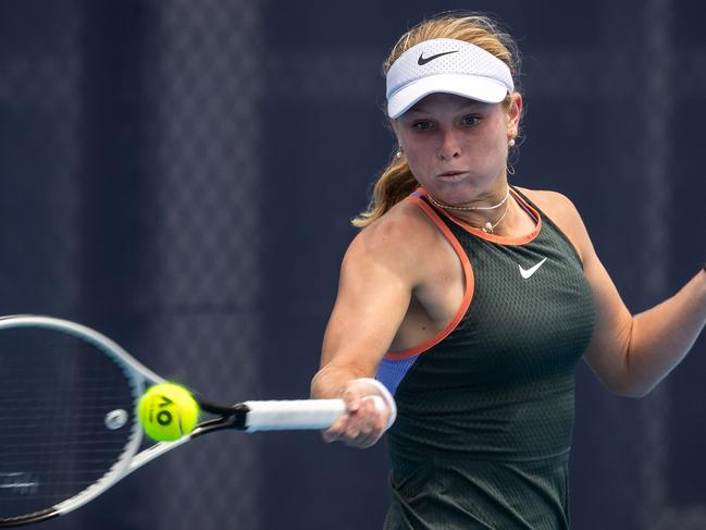 Gold Coast rising tennis star Emerson Jones, 16, winning the Perpetual NSW Open at Sydney Olympic Park on Sunday, november 3, 2024. Pictures: Tennis NSW