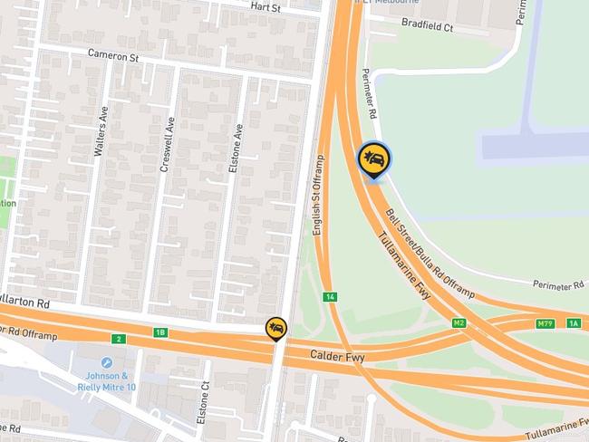 Left lane of both the Tullamarine and Calder freeways is closed approaching the Bell Street exits with the speed set at 40km/h after a person was killed after a motorcycle crash on Friday.