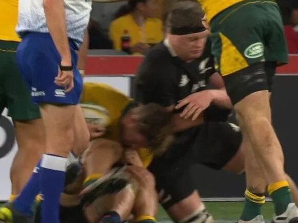 Scott Barrett will serve a three-match ban for this shoulder charge on Michael Hooper in Perth.