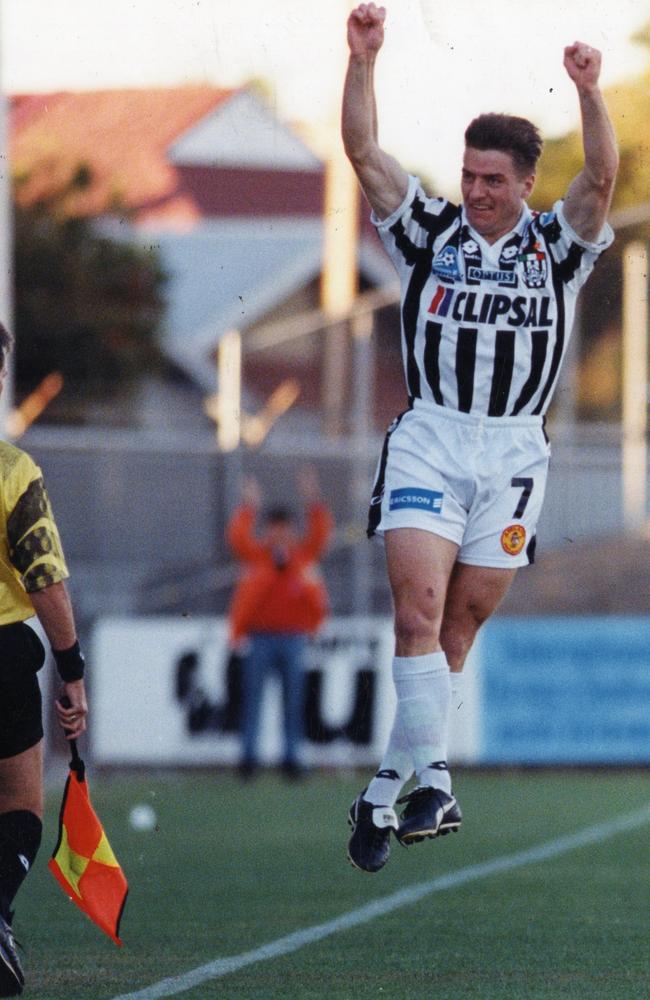 Adelaide City striker Damian Mori celebrates scoring the fastest goal in A-League history after 3.69 seconds against Sydney United at Hindmarsh Stadium on December 6, 1995.
