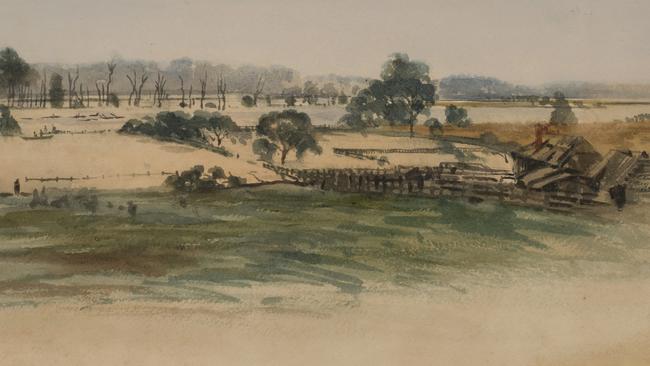 Detail: Samuel Elyard, Flood from Ferry Lane 26th April 1870, 1870, watercolour, 27.5 x 73cm Collection Shoalhaven Regional Gallery. Donated to Shoalhaven City Council by Mr Warren Halloran, 1965