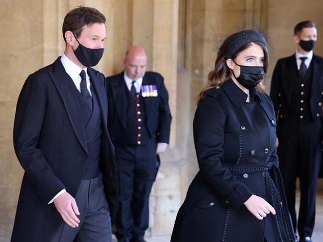 Jack Brooksbank and Princess Eugenie arrive for the funeral of Prince Philip, Duke of Edinburgh at Windsor Castle. Picture: Chris Jackson/WPA Pool/Getty Images