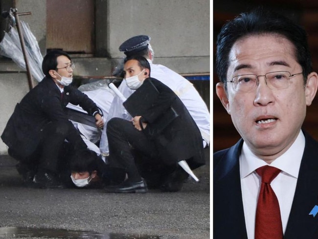 Japan PM safe after 'smoke bomb' at speech. Picture: JIJI Press / AFP / Japan OUT