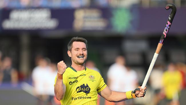 BHUBANESWAR, INDIA- JANUARY 13. FIH Odisha Hockey Men's World Cup 2023. Jeremy Hayward celebrates after scoring goal for Australia. (Photo by WorldSportPics/Frank Uijlenbroek)