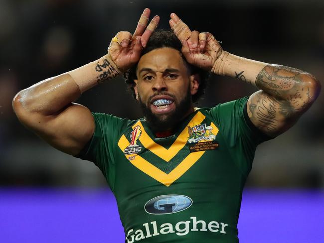 LEEDS, ENGLAND - OCTOBER 15: Josh Addo-Carr of Australia celebrates scoring their sides second try during the Rugby League World Cup 2021 Pool B match between Australia and Fiji at Headingley on October 15, 2022 in Leeds, England. (Photo by Jan Kruger/Getty Images for RLWC)