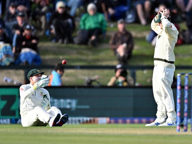 CHRISTCHURCH, NEW ZEALAND - MARCH 9: Alex Carey and Steve Smith of Australia (L-R) react during day two of the Second Test in the series between New Zealand and Australia at Hagley Oval on March 9, 2024 in Christchurch, New Zealand. (Photo by Kai Schwoerer/Getty Images)