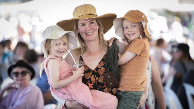 Tammy Baird with her kids Florence 4 and Hugo 6 of Hobart at A Taste of the Huon. Picture: Chris Kidd